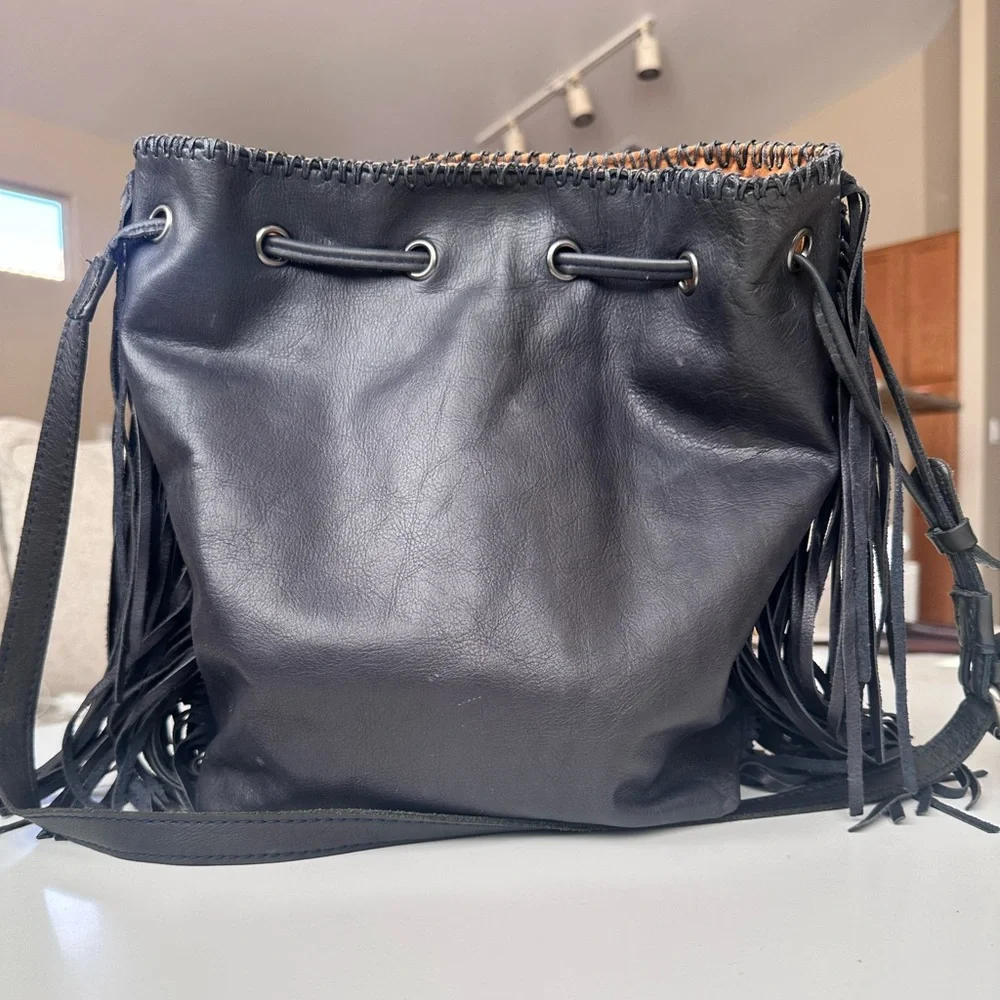Patricia Nash Nicoletta Fringe Bucket Bag – Black Italian Leather - Picture 4 of 8